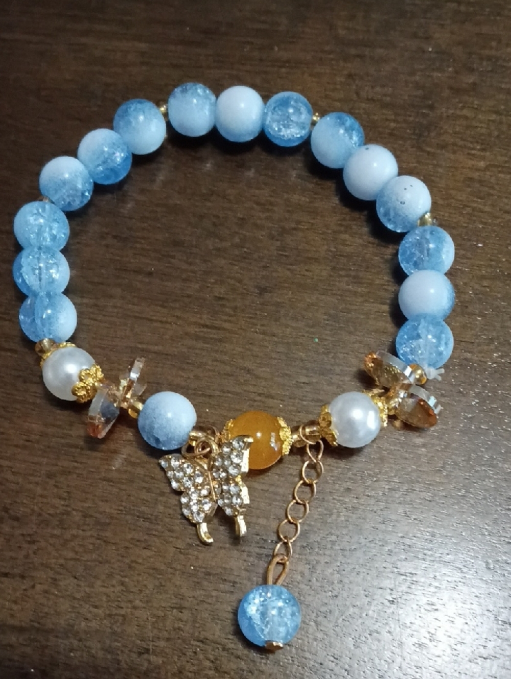 Gold Butterfly Charm Blue Beaded Bracelet